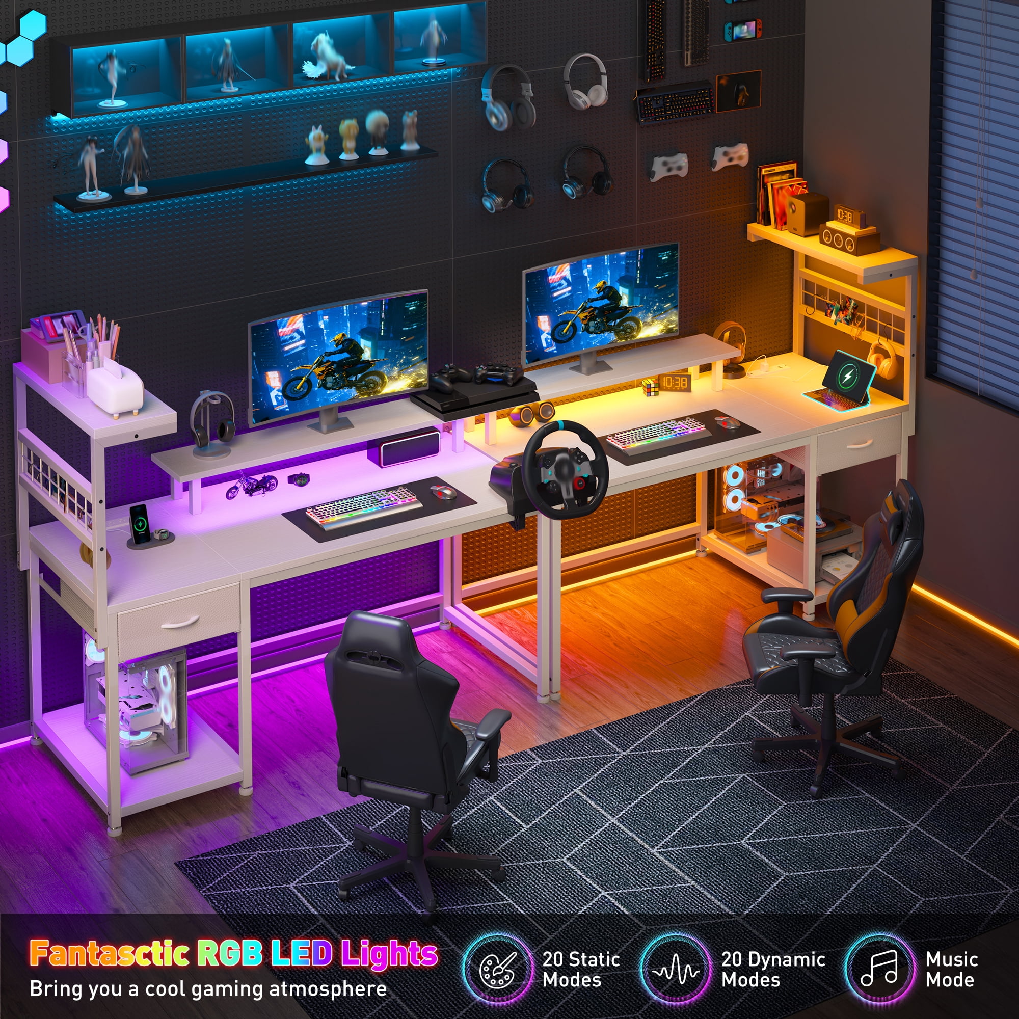 EnHomee 39.4" W Gaming Desk with LED Light Coner Desk with Drawers PC Desk with Reversible Shelves, White