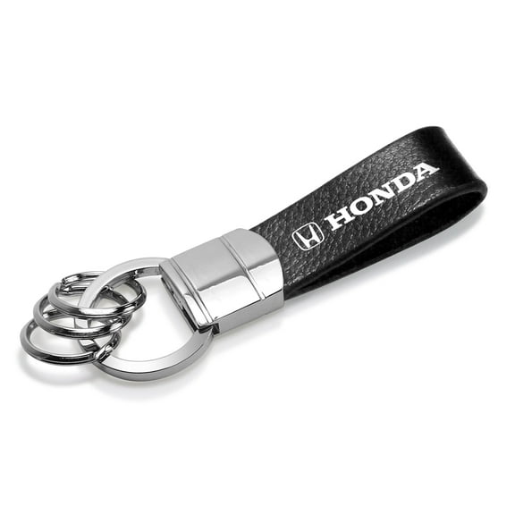 iPick Image for Honda Logo Black Real Leather Strap Chrome Round Hook Metal Key Chain, Official Licensed