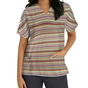 Snorda Womens Scrubs Tops Short Sleeve V-neck Tops Working Uniform Stripe Print With Three Pockets Clearance