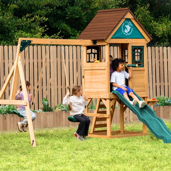 Dolphin Playground Cedar Wooden Swing Set with Playhouse, Activity Center, Wave Slide, Climbing Wall, Toy Sink & Chalkboard, Kids 3-10