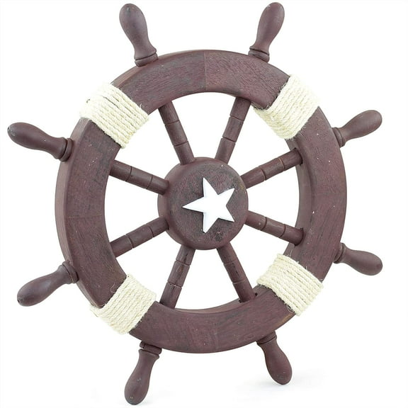 18" Wooden Ship Wheel (Brown Distressed Finish) - Rope - Starfish Motif