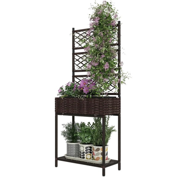Demi Bonn 52" Outdoor Wicker Planter with Trellis, Rattan Garden Box for Climbing Plants, Freestanding Storage Shelf for Patio, Brown