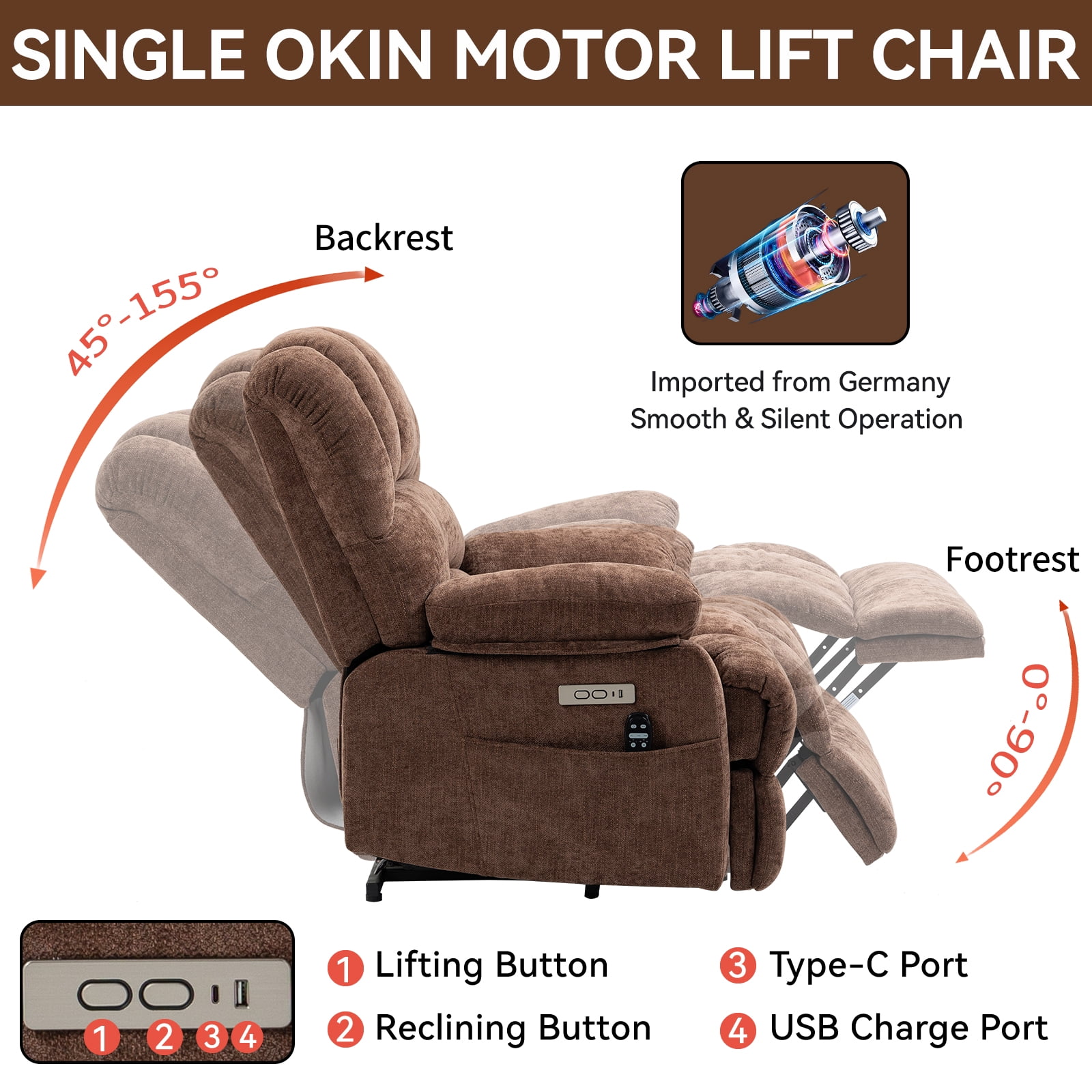 Extra Wide Power Lift Recliner Chair for Elderly, Oversized Chenille Lift Chair with 8-Point Massage & Lumbar Heat, USB Charging Port, Side Pockets, 350 lbs Capacity