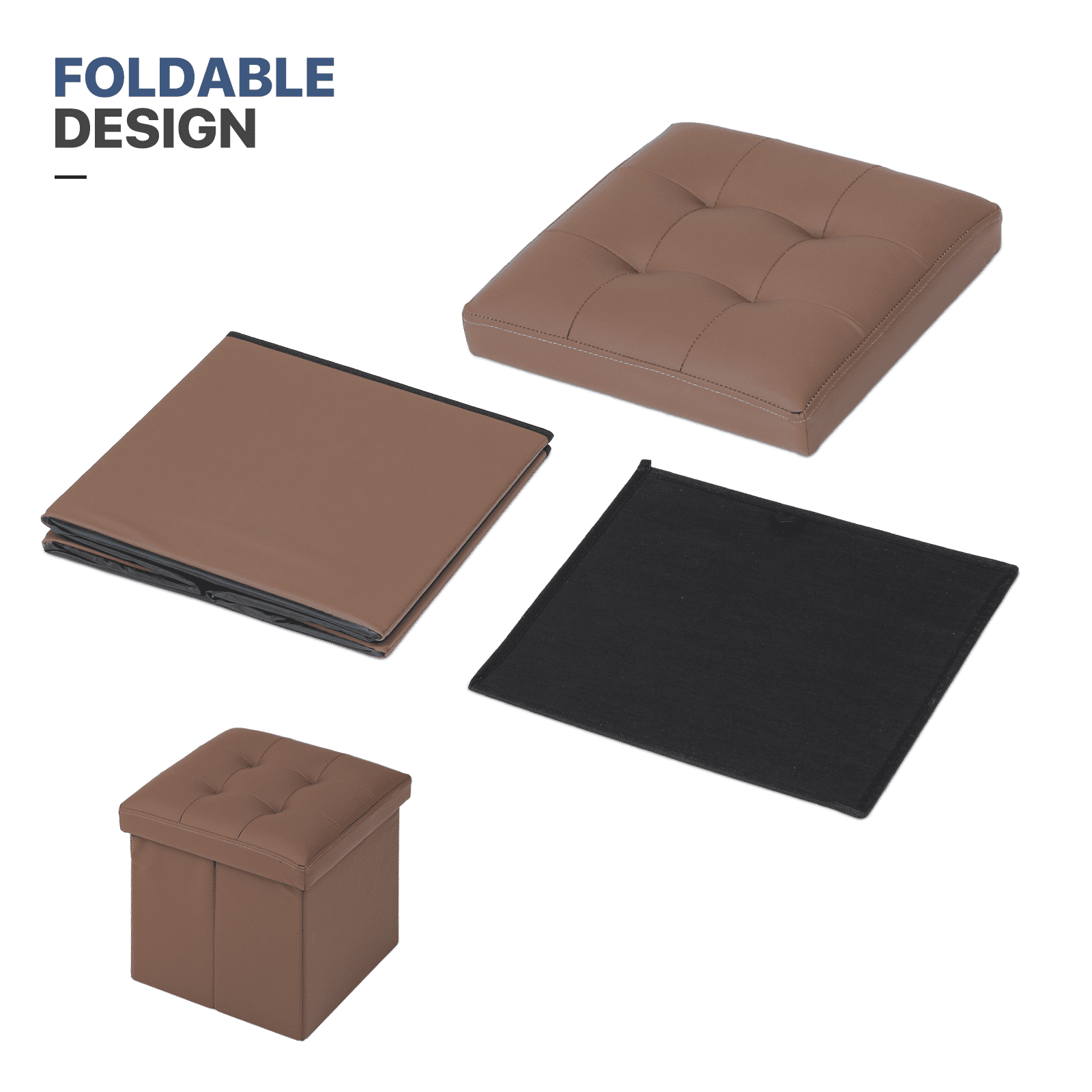 MoNiBloom 15" Cube Collapsible Ottoman with Storage, PU Leather Storage Ottoman Footrest, for Living Room Bedroom Entryway, Brown