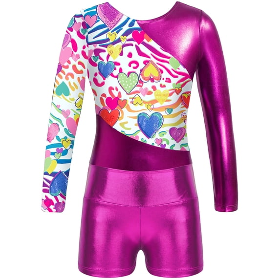 YONGHS Kids Girls Printed Long Sleeve Dance Gymnastics Leotards and Athletic Shorts Set