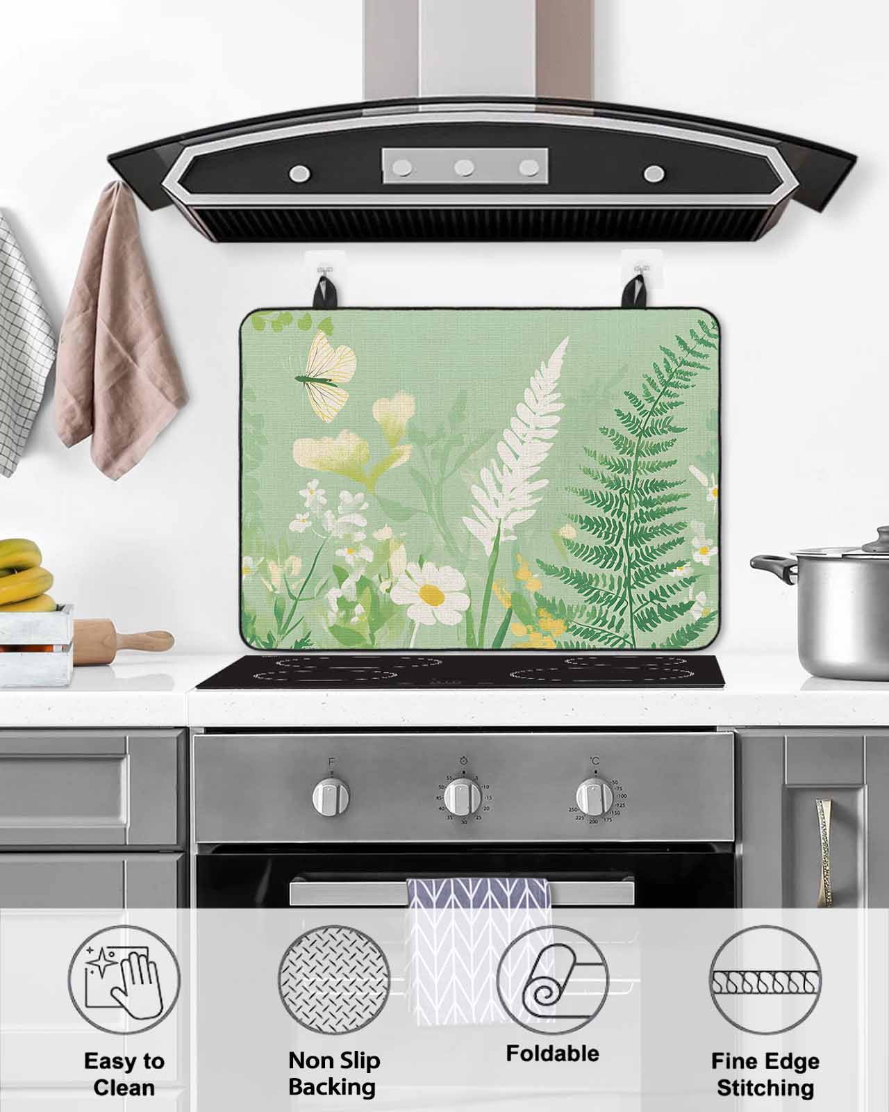 nqOlkjepod Large Induction Cooktop Protector Mat 24"x21", Spring Daisy Flowers Stove Top Covers for Electric Stove, Pastoral Garden Butterfly Chic Stove Burner Cover Mats, Glass Top Stove Cover