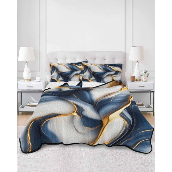 Quilts King Size, Navy Blue Marble Soft Comforter Bedding Set for Bed, Gold Modern Art Lightweight Quilted Bedspread with Pillow Cover(2 Pieces) for All Season, 96x106 Inch