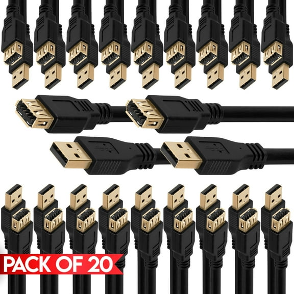 Cmple - [20 PACK] 3 Feet USB 3.0 A to A Extension Cable, USB Male to Female Extender Cord for Mouse, Keyboard, Printer, Camera, Hard Drive, Flash Drive, PlayStation, XBOX