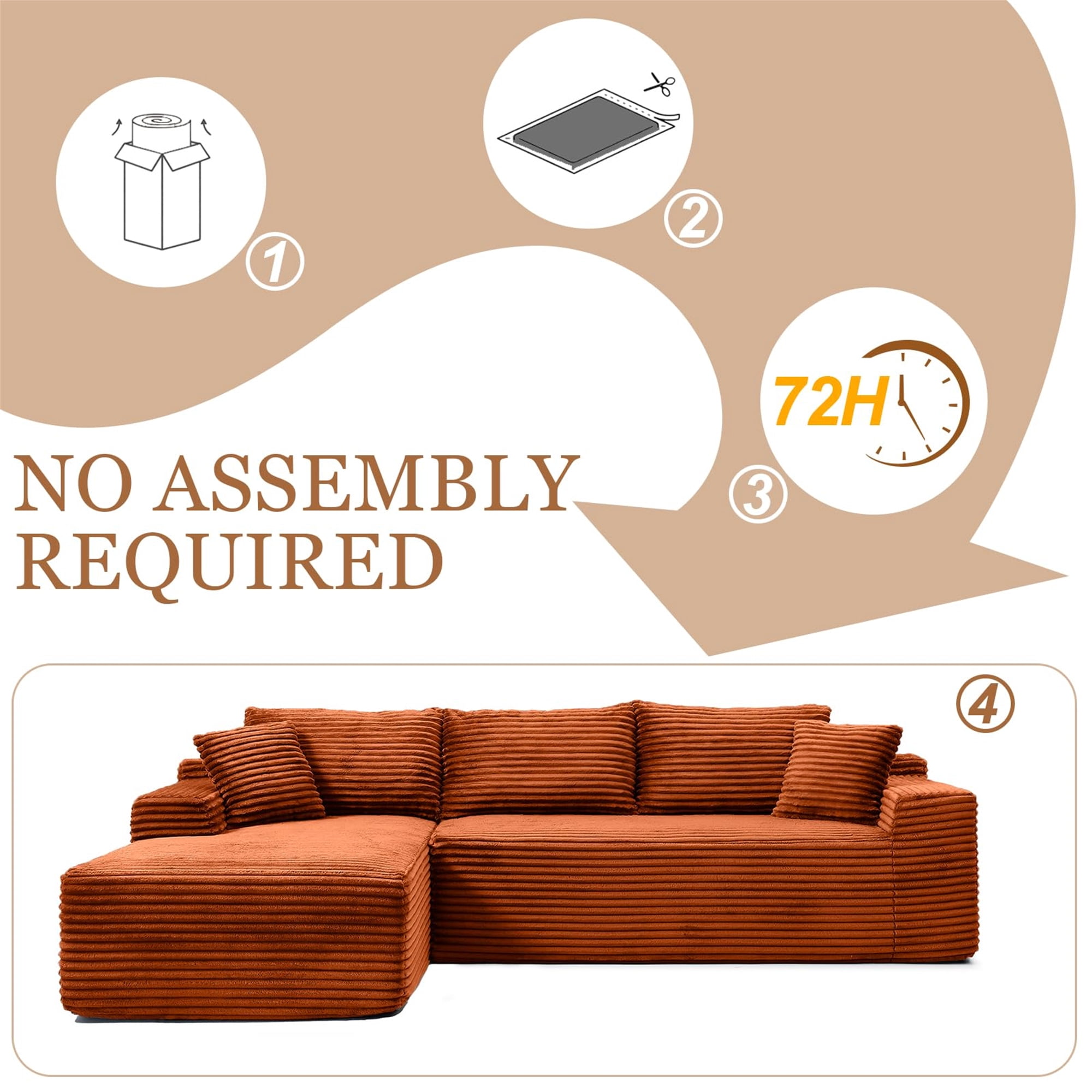 Aukfa 105" Cloud Sectional Sofa Boneless Couch Modular Sofa Bed for Living Room, 2Pillows, Left Chiase, Corduroy, Orange