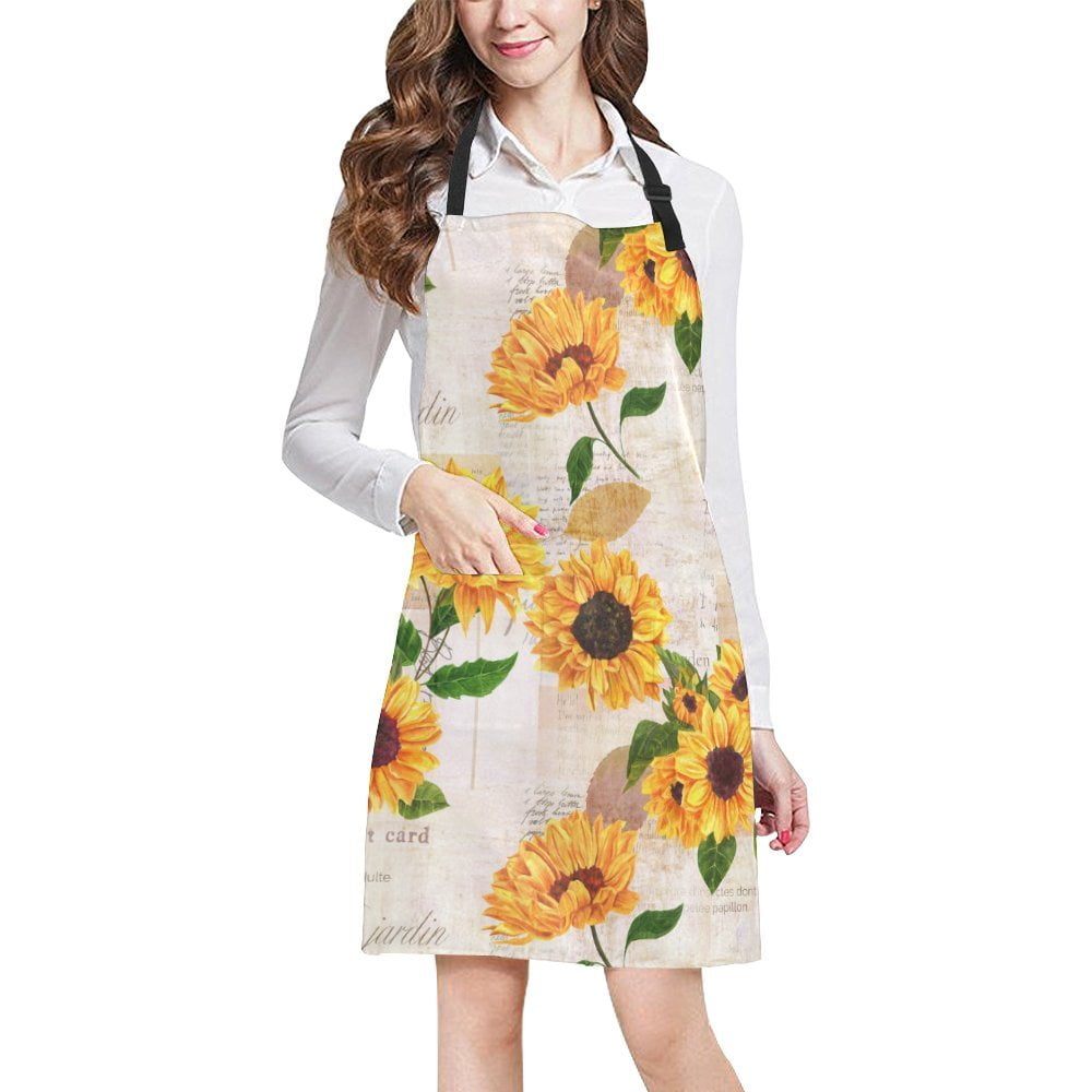 ASHLEIGH Vintage Sunflowers on Postcards Newspaper Home Kitchen Apron for Women Men with Pockets, Unisex Adjustable Bib Apron for Cooking Gardening