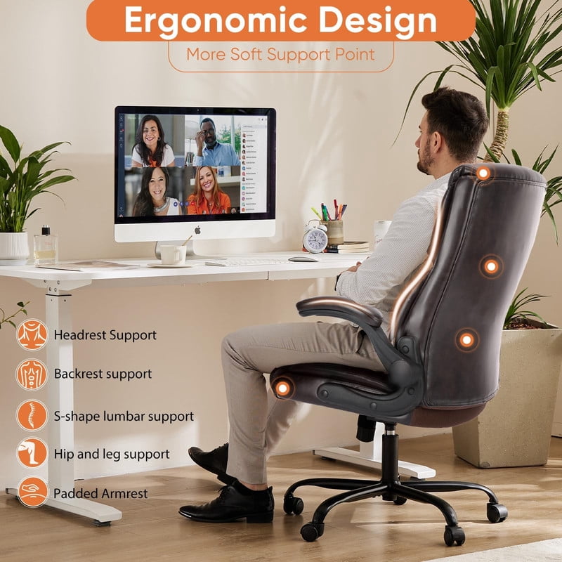 Kelno PU Leather Executive Office Chair with Flip Up Armrest Ergonomic Drafting Chair,Brown