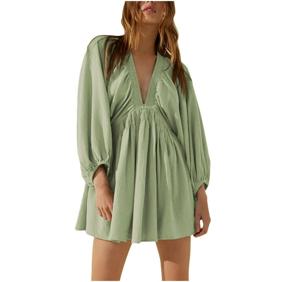 Quinlirra Sundresses for women 2024 midi Women's Fashion Casual Summer Three-quarter Sleeve V-Neck Mini Dresses