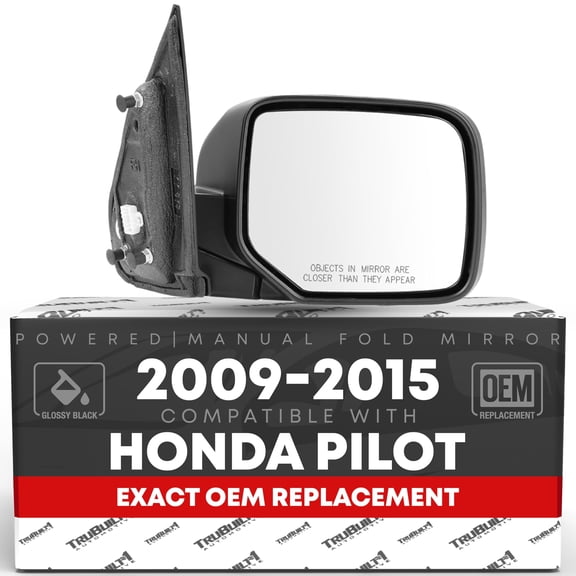 Passenger Side Mirror Replacement - Compatible with 2009-2015 Honda Pilot - Powered Adjustment, Heated, Manual Fold, Convex Glass - Smooth Black, 16H5P - OEM 76208SZAA11ZF, HO1321248