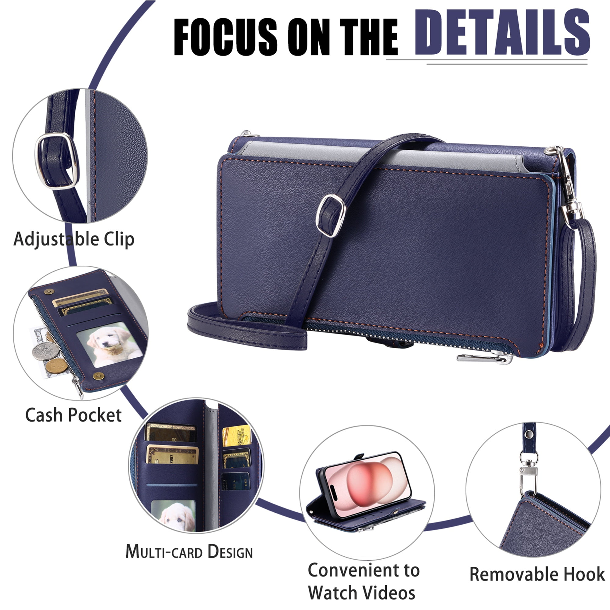 Dteck for iPhone 15 Pro Max Wallet Case, Crossbody Zipper Purse with Wrist for Women Men, 8-Card Slots Holder PU Leather Kickstand Flip Cover Phone Case,Blue
