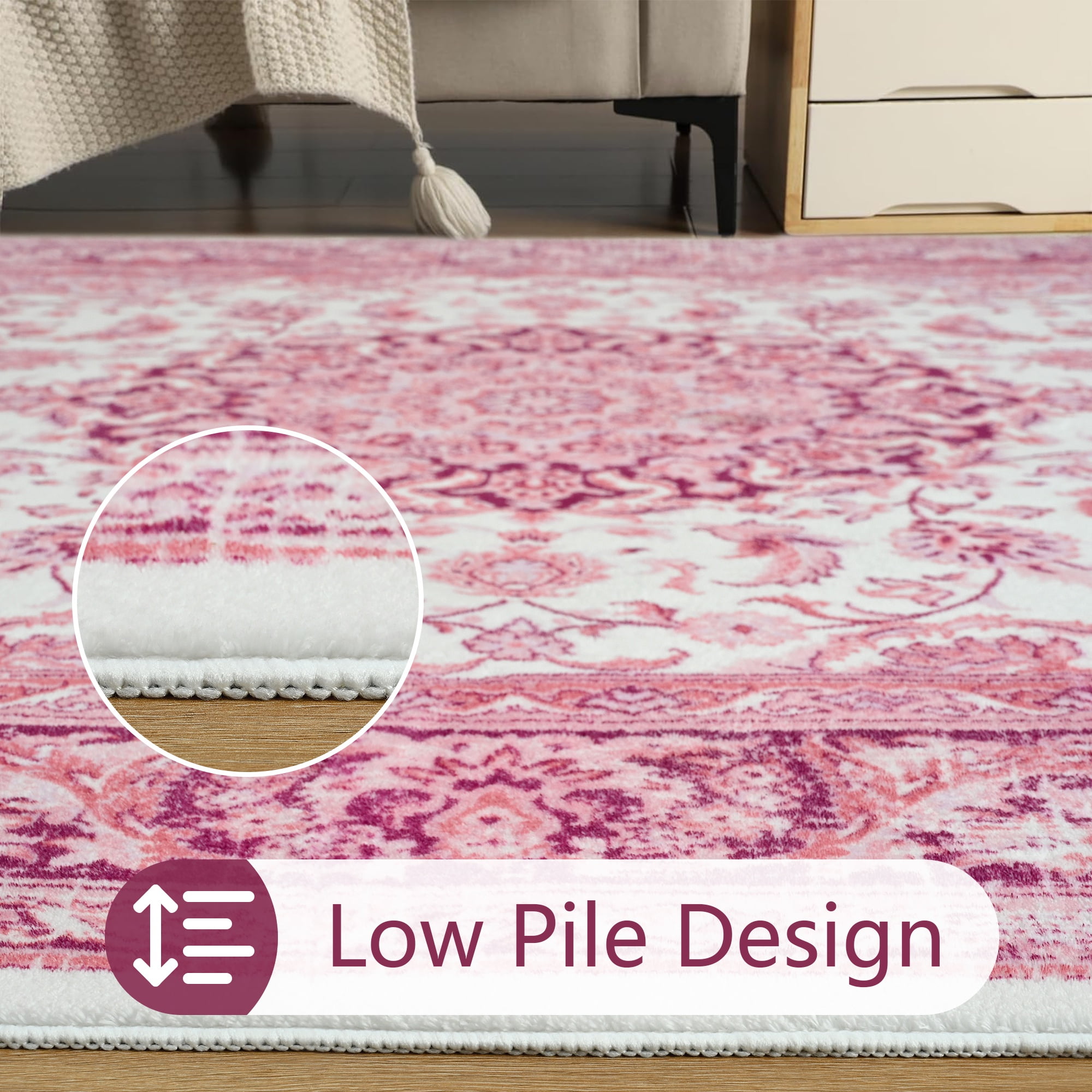 Wondo 6x9 Area Rugs for Living Room, Washable Area Rug, Rugs for Bedroom, Kitchen Rugs, Vintage Boho Carpet, Soft Non-Slip, Low Pile Large Area Rug for Office Dining Room, Pink