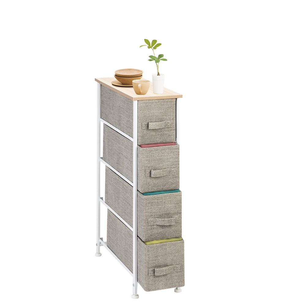 Narrow Dresser, Vertical Storage Unit With 4 Fabric Drawers, Metal