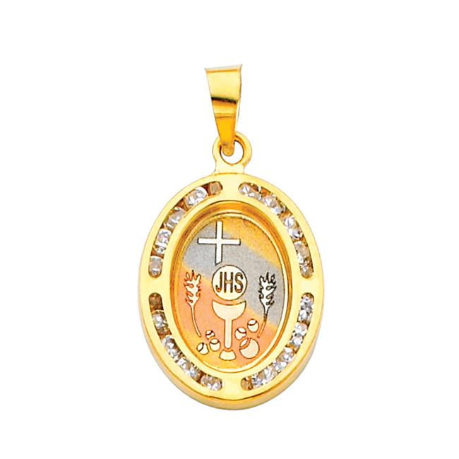 14k Yellow Gold Religious Communion CZ Charm Pendant