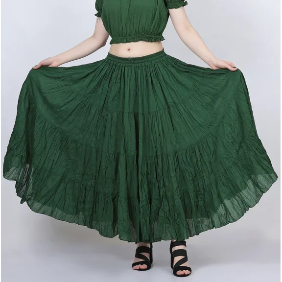 Women's 12 Yard Cotton 4 Tier Belly Dance Flamenco Gypsy long Skirts (Green)