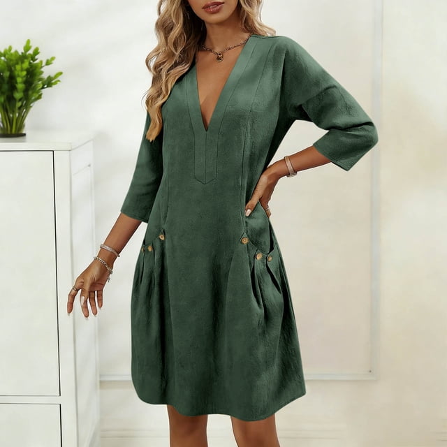 TaTaai Women's V-Neck Midi Dress Three-Quarter Sleeve Linen Feel Solid Color Casual Pocket Detail Loose Fit Summer Dress Gift