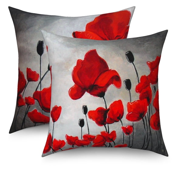 Dashan Black Red Flower Throw Pillow Covers 18x18 Set of 2,Red Poppy Pillowcase Cushion Cover for Couch Sofa Bed
