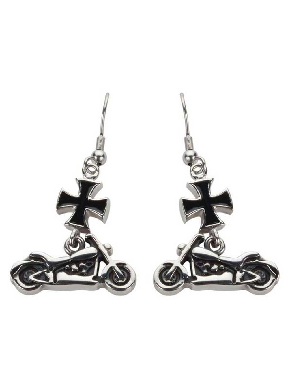 Biker Jewelry Women's Motorcycle & Iron Cross Earrings Stainless