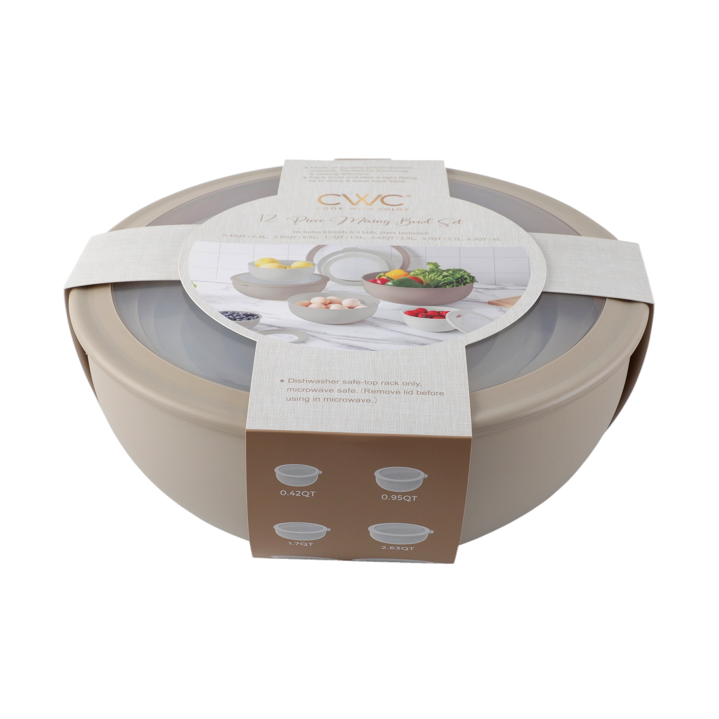 Cook with Color 12-Piece Silicone Nesting Mixing Bowl Set with Lids for Kitchen, Dishwasher & Microwave Safe, Taupe