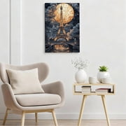 Eiffel Tower Paris Night Stained Glass Style Framed Canvas Wall Art - Romantic Full Moon French Cityscape Prints - Artistic European Travel Home Decor 8*12inch(20*30cm)