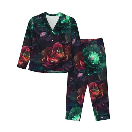 Lsque Red And Green Carnation Pattern Long Sleeve Pajama Set for Women - Soft 2-Piece Sleepwear and Loungewear Set with Pockets  Comfy Nightwear-X-Large