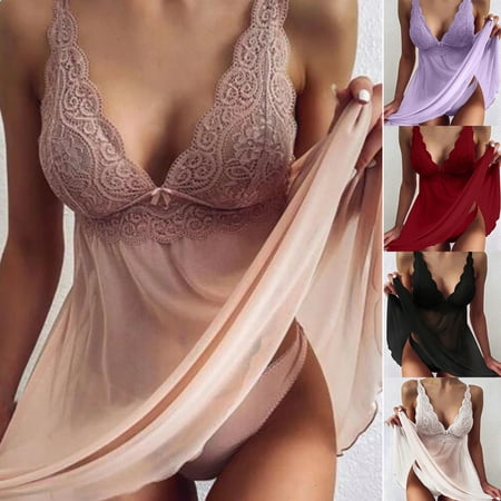 

Hopeup Deep V-Neck Crochet Lace Pajamas Dress Set Stitching Hem Bow See-Through Sling Nightgown Set Night Dress