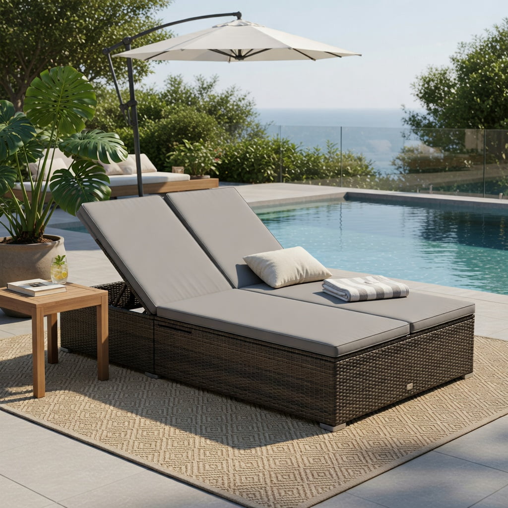 Hommoo Double Chaise Lounge with Adjustable Backrest, Retractable Canopy & Folding Side Tables, PE Rattan Outdoor Patio Lounger for 2, Gray