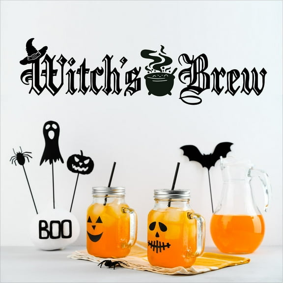 Halloween Witch's Brew with Cauldron and Witch Hat Vinyl Lettering Wall Decal Halloween Decor and Decals Size: 6"H x 22"L - Color: Black