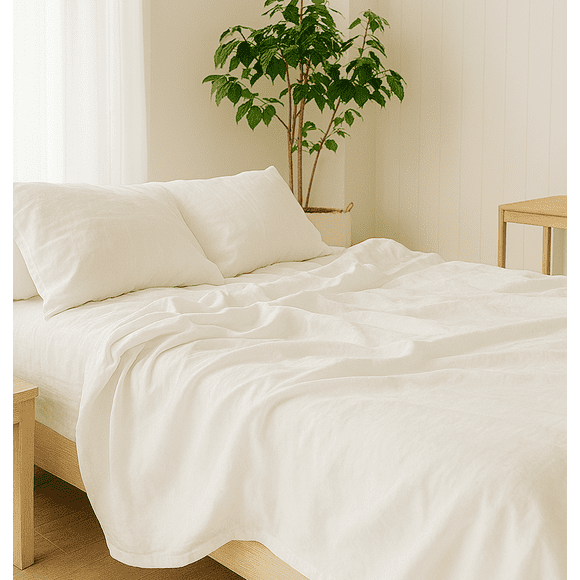 Q VITA Linen Tencel Sheet Set, Queen, 4-Piece Bedding for Adults – White, Enzyme Washed, 14" Deep Pocket, OEKO-TEX Certified, Designed in Canada