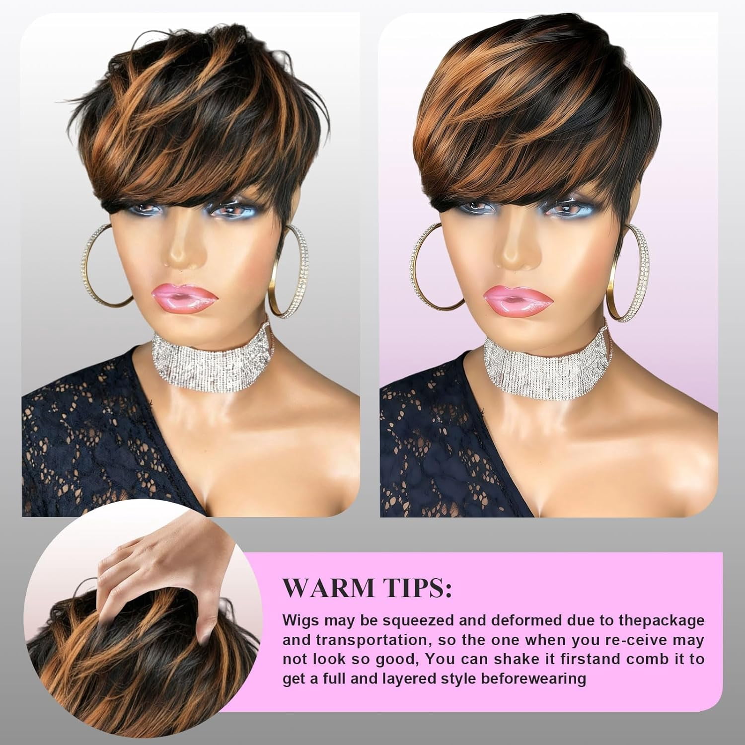 Short Straight Pixie Cut Wig Ombre 1B/30 Human Hair With Bangs 150% Density Full Machine Made Wigs For Women
