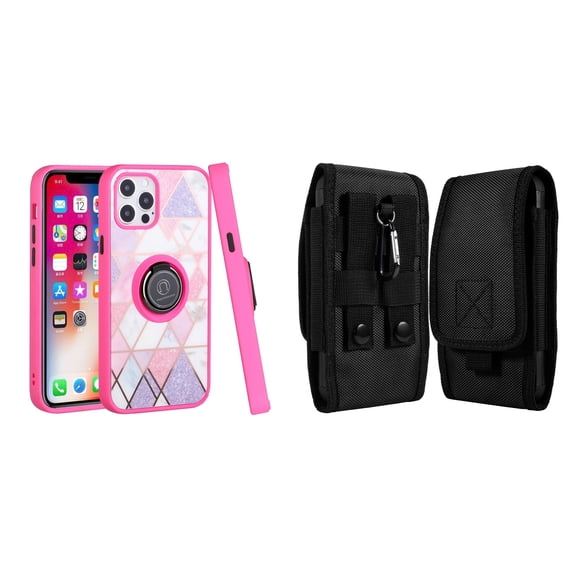 Bemz Ring Series Case for iPhone 14 Plus (TPU Silicone Cover with Magnetic Stand) and Vertical Rugged Nylon Belt Holster Pouch - Pink on Purple Marble