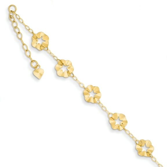 Primal Gold 14 Karat Yellow Gold Adjustable Flower 9-inch Plus 1-inch Extension Anklet