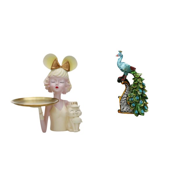 Estatua de arte moderno de una niña y un . Figura creativa de resina con bandeja para guardar llaves. Elegante colección de esculturas de ani
