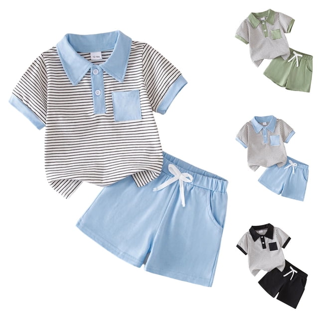 Qtocio Ensemble Haut à Manches Courtes Rayé et Short à Poches pour Garçons Col à Revers Mode Décontractée Confortable pour Usage Quotidien Tenue d'Été