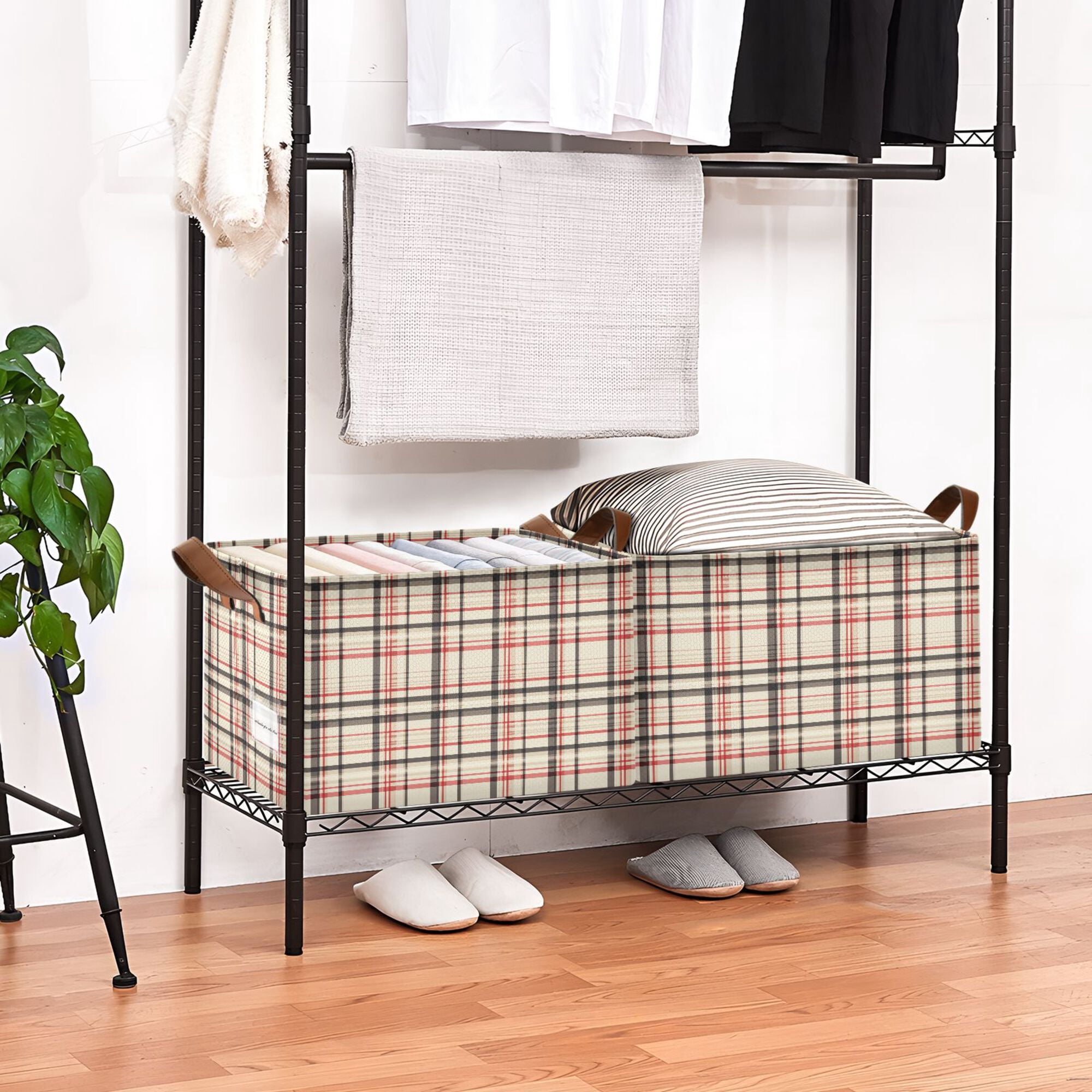 Yayeee Foldable Storage Basket for Shelves Set of 2 Waterproof Cloth Bins with Handles, Black Tartan
