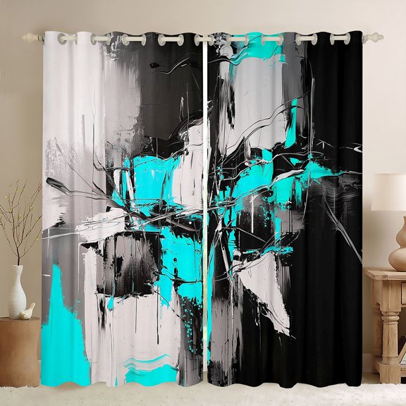Homewish Blue Abstract Kitchen Curtains,Contemporary Art Black Out Curtains Pack of 2 (42x63 Each)