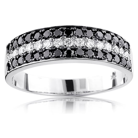 Unique 10K 3 Row White Black 1.3 Ctw Natural Diamond Wedding Band (White Gold Size 5)