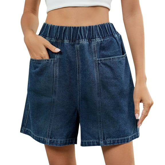 Endives Women's Jean Shorts New Summer Washed Elastic Waist Denim Casual Shorts Trendy Mid Pants Jeans