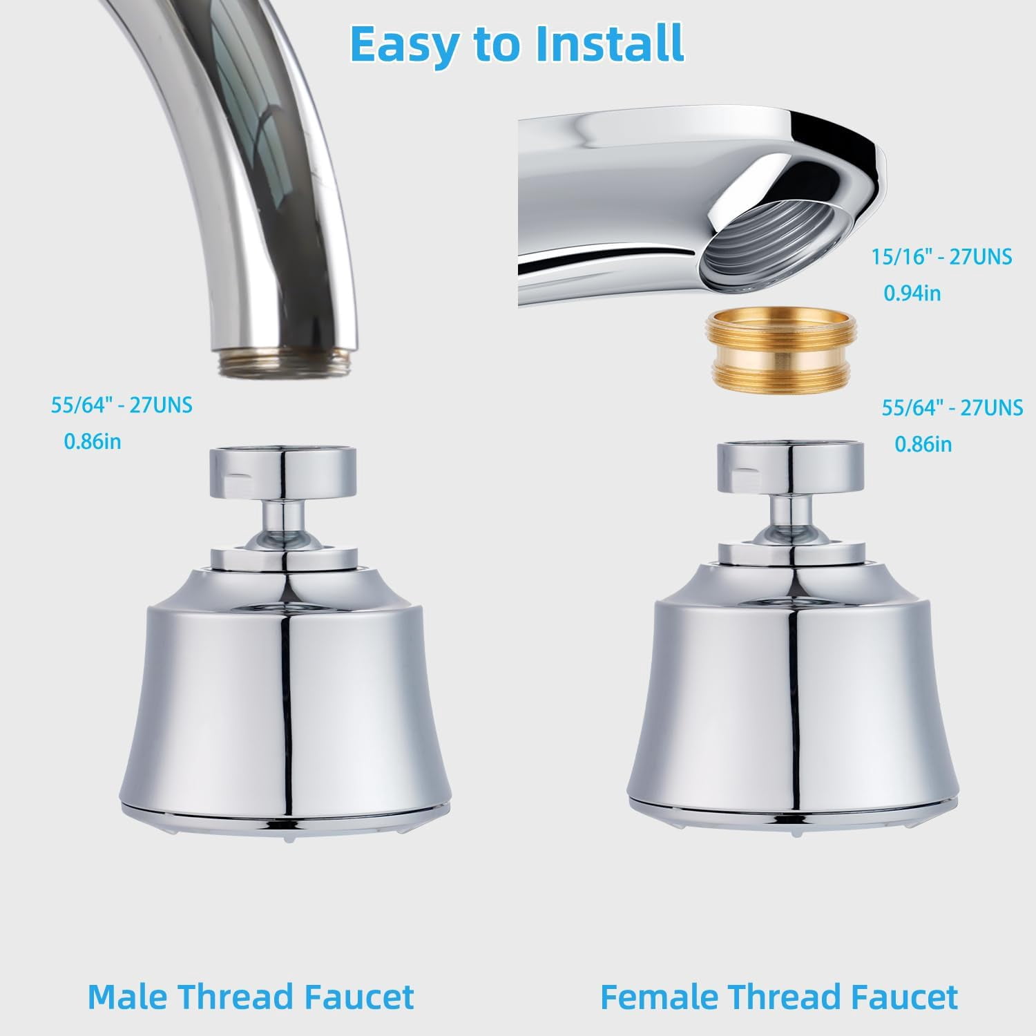 Kitchen Sink Faucet Head with Metal Ball Joint, 360° Swivel Faucet Sprayer Head, Big Angle Sink Faucet Aerator Adapter 55/64-27UNS Female Thread, 4 Spray Modes, Extra Metal Adapters, Chrome