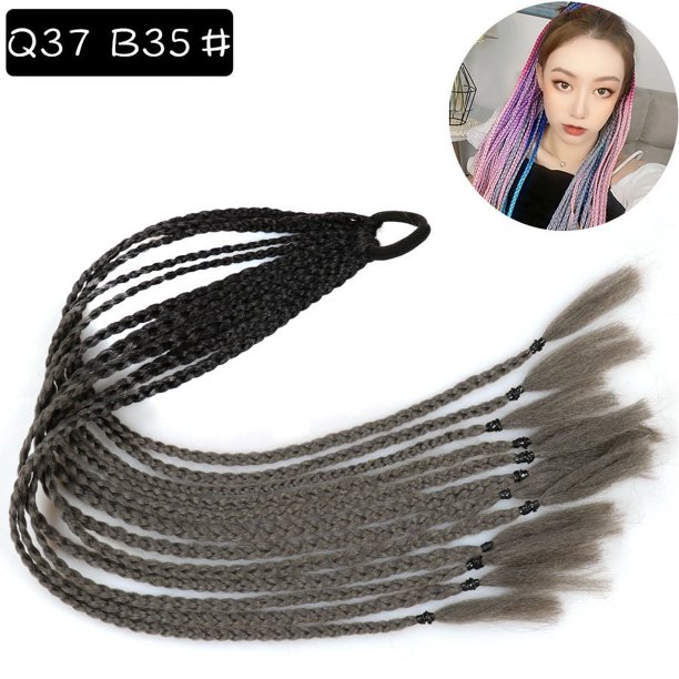 Zhuge 2 extensiones de cabello trenzado de colores con cola de caballo, accesorios para trenzas, extensiones de cabello con bandas de goma sintéticas para mujeres, de negro a gris oscuro