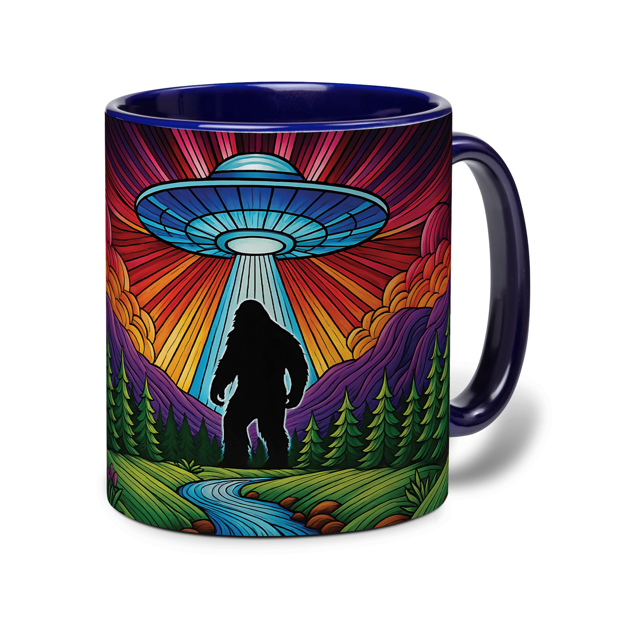 Lotusprinthandmade Bigfoot Lovers Dark Blue Accent Mug (11oz) (Made In US), funny bigfoot coffee mug, bigfoot ceramic cup, bigfoot themed bigfoot mug, bigfoot drinkware