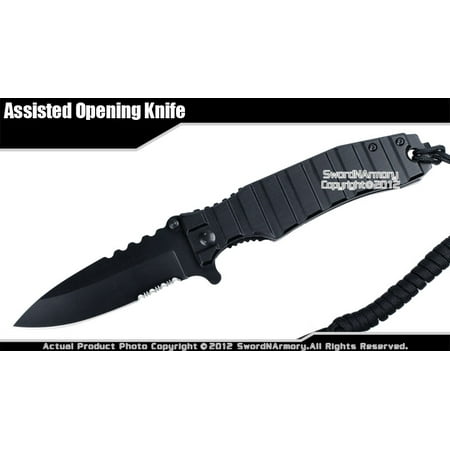 Black Spring Assisted Open Folding Pocket Knife Serrated Blade w/ Parachute