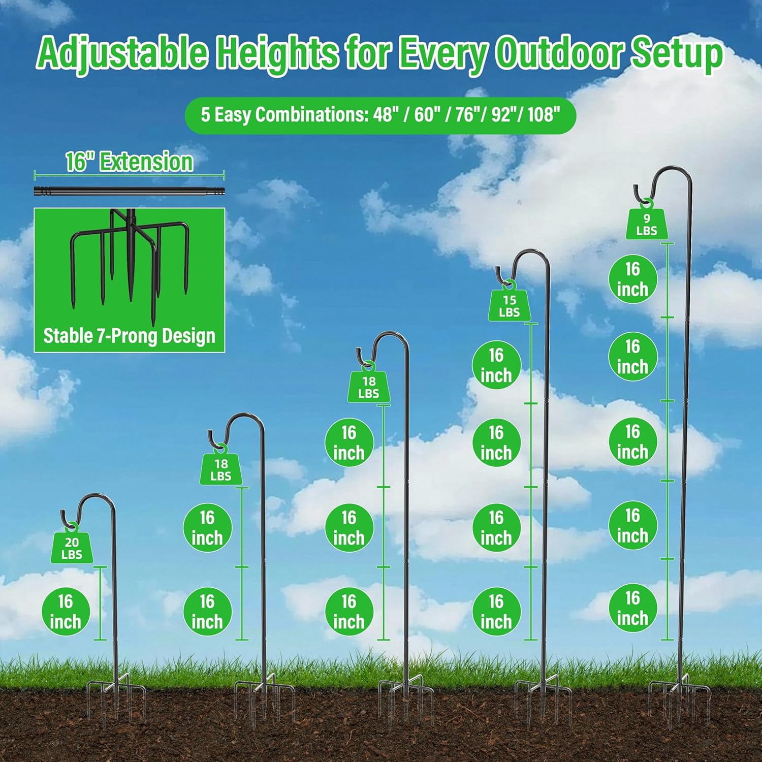 48″ Adjustable Shepherd Hook for Outdoor, Heavy Duty Bird Feeder Pole with 7-Prong Base, Metal Garden Hanging Lanterns Solar Lights String Plants Wind Chimes Hummingbird Feeder（1‑Pack）