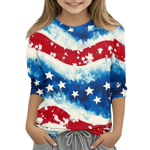 XADYUY American Flag Shirts for Toddler Girls Stars and Stripes Print Patriotic Tops 4th Of July Tee Shirts Crew Neck 3/4 Sleeve Shirts Funny Independent Day Tees,White 14-15Years