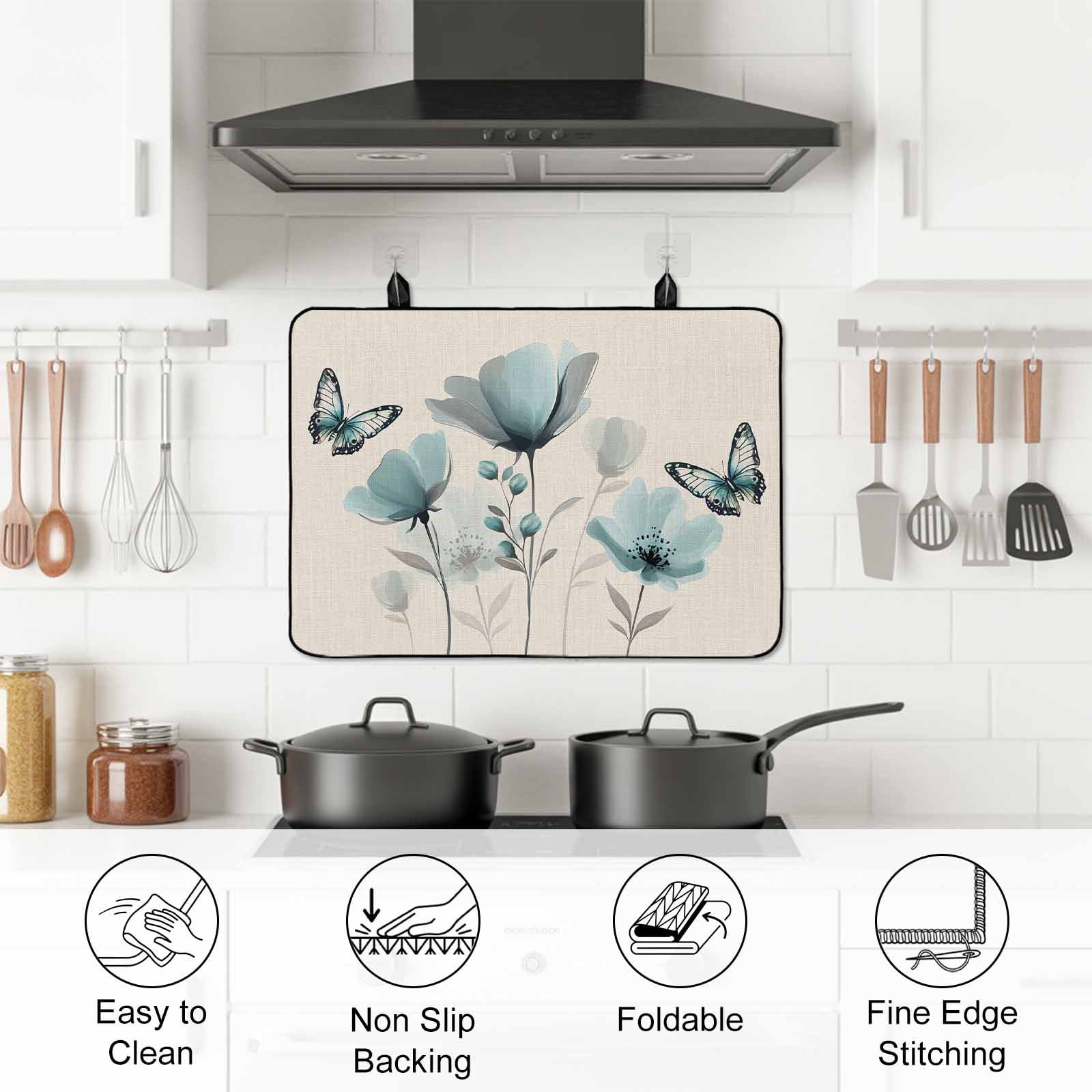 Tulip Butterfly Stove Top Cover for Electric Stove, Heat-proof & Non Slip Glass Top Stove Cover Protector, Vintage Spring Botanical Flowers Floral Kitchen Flat Cooktop Rubber Mat 24x21 Inches