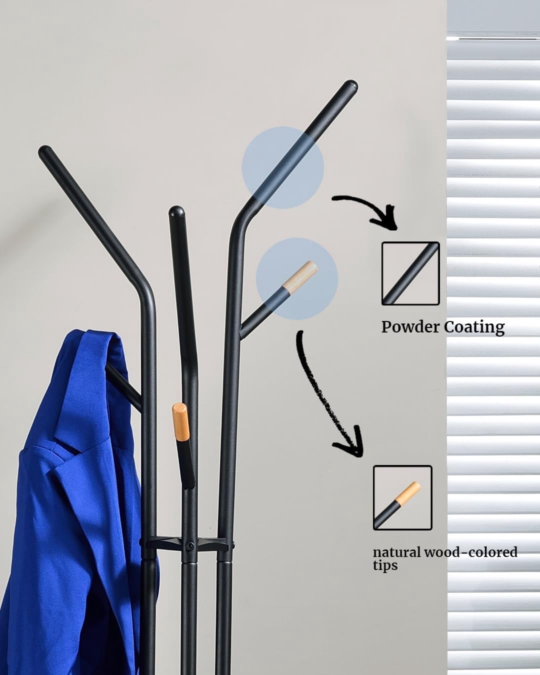 Proman Products Cali Tripod Metal Coat Tree Rack with 6 Hooks for Entryway, Office, Black