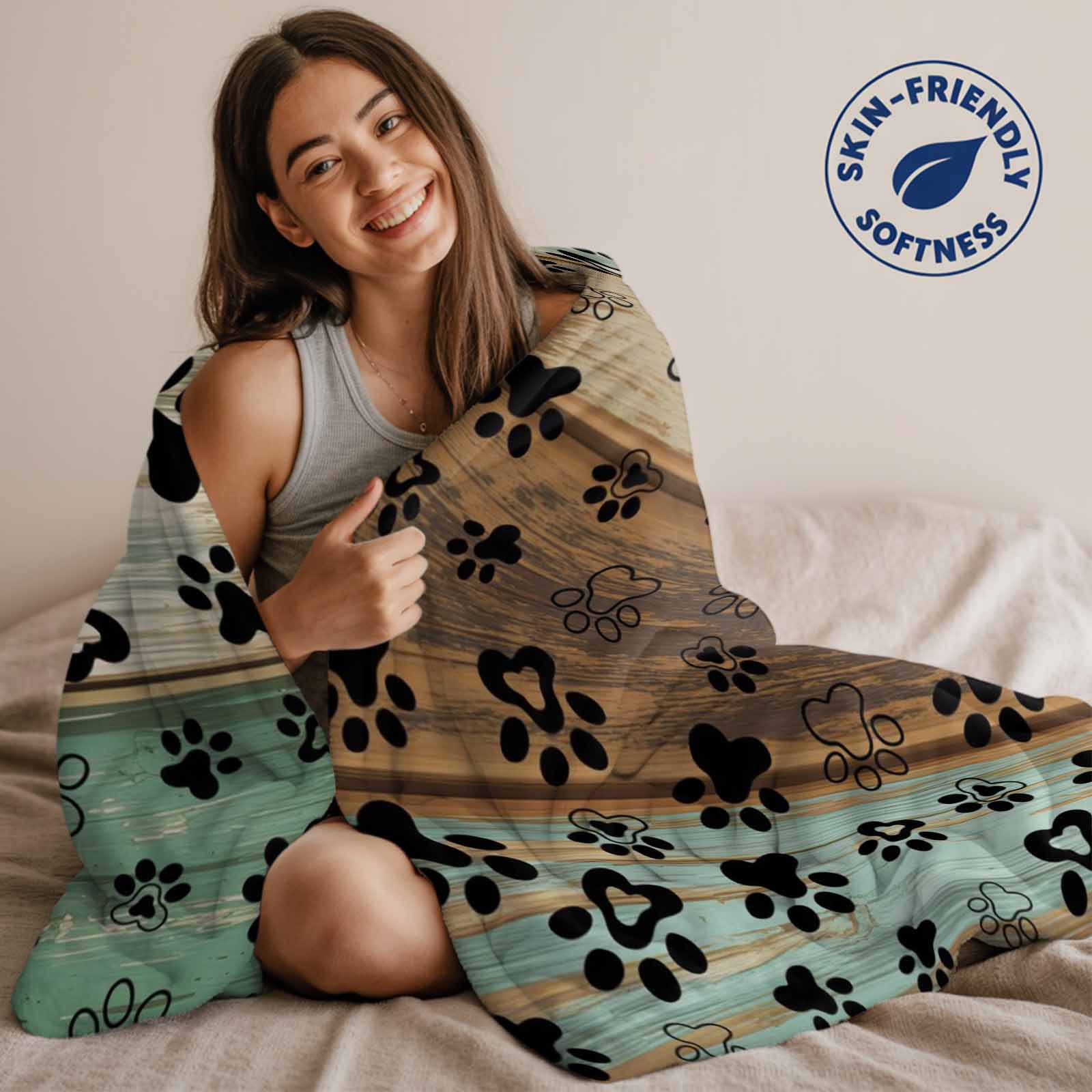 Dog Claw Paw Print Throw Blankets, Pet Green Brown Farmhouses Wood Soft Fleece Blanket Decorative for Home Sofa Couch Chair Living Bedroom, 30x40 Inches,